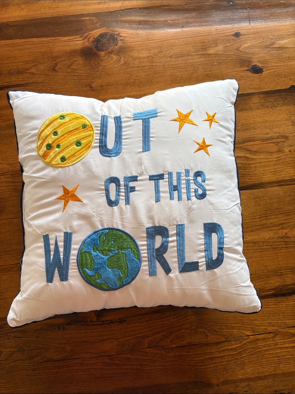 Out of This World Embroidered Space Throw Pillow - White with Blue & Green